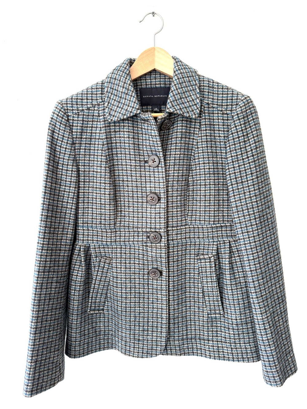 Banana Republic Vintage Wool Linen Blue Houndstooth Tweed Peplum Jacket Coat 6